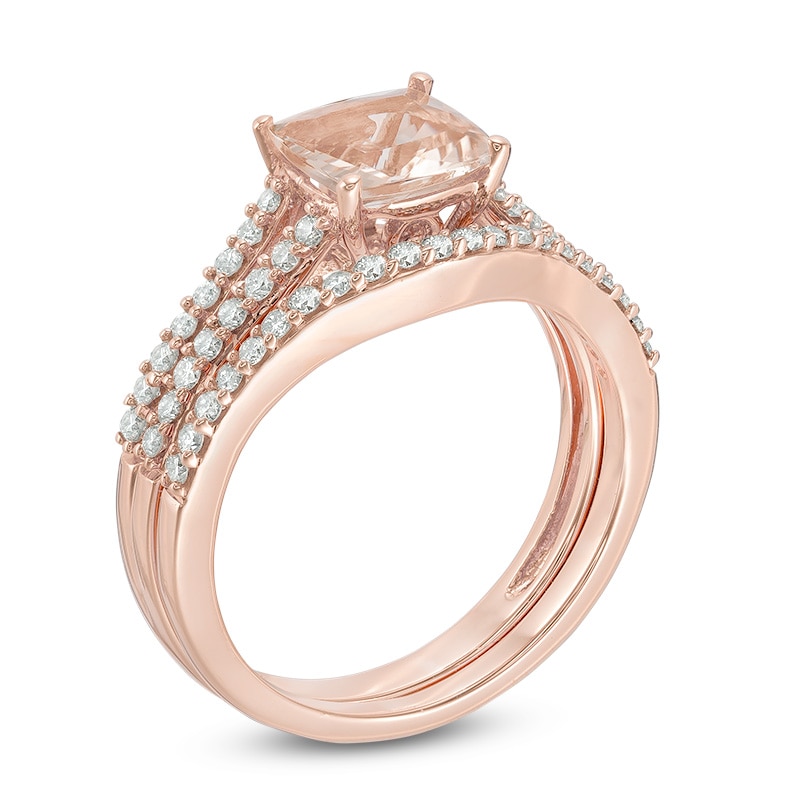 Previously Owned - 7.0mm Cushion-Cut Morganite and 1/2 CT. T.W. Diamond Bridal Set in 14K Rose Gold