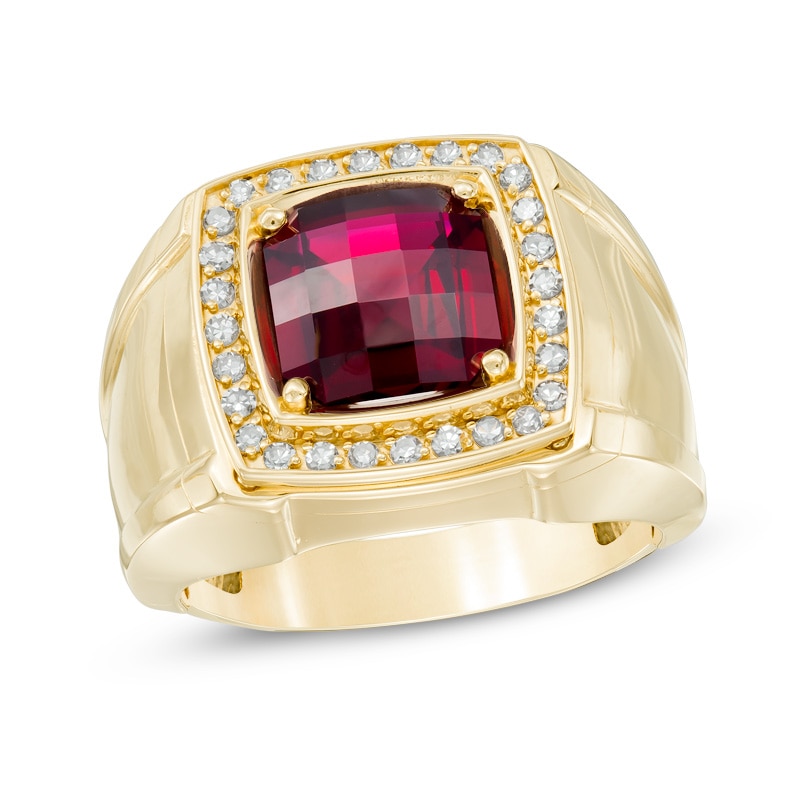 Previously Owned - Men's 9.0mm Cushion-Cut Lab-Created Garnet and 1/4 CT. T.W. Diamond Comfort Fit Ring in 10K Gold