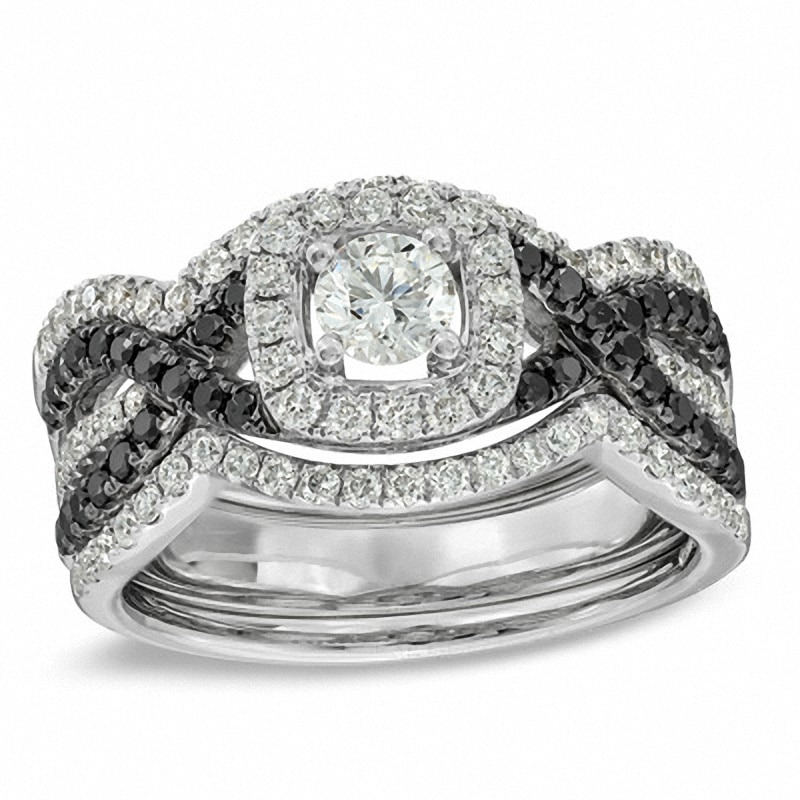 Previously Owned - 1-1/6 CT. T.W. Enhanced Black and White Diamond Bridal Set in 14K White Gold