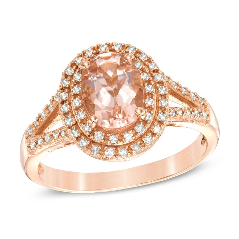 Main Image 1 of Previously Owned - Oval Morganite and 1/5 CT. T.W. Diamond Frame Ring in 10K Rose Gold