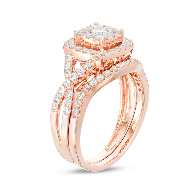 Main Image 2 of Previously Owned 1 CT. T.W. Diamond Double Cushion Frame Twist Soldered Bridal Set in 10K Rose Gold