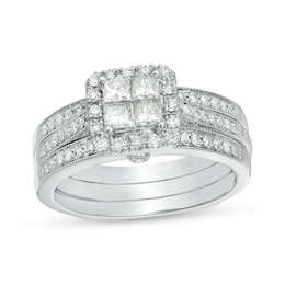 Previously Owned - 3/4 CT. T.W. Quad Princess-Cut Diamond Frame Vintage-Style Three Piece Bridal Set in 10K White Gold