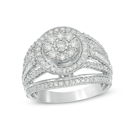 Previously Owned - 1 CT. T.W. Multi-Diamond Double Frame Multi-Row Vintage-Style Engagement Ring in 10K White Gold