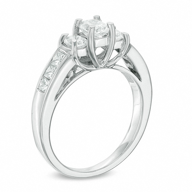 Previously Owned - 1-1/2 CT. T.W. Radiant-Cut Diamond Three-Stone Engagement Ring in 14K White Gold