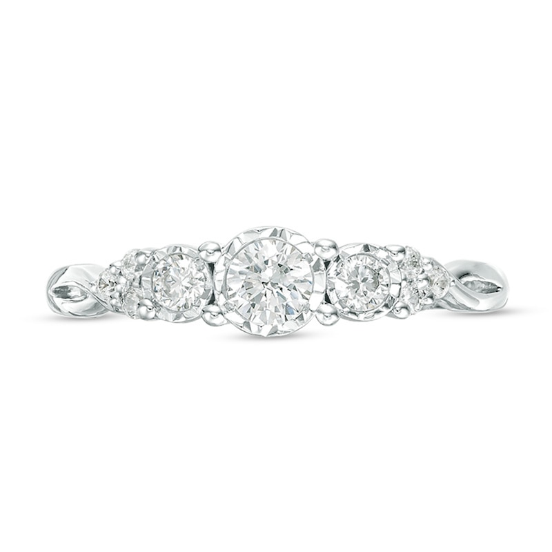 Previously Owned - 1/3 CT. T.W. Diamond Past Present Future® Tri-Sides Twist Shank Engagement Ring in 10K White Gold
