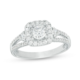 Previously Owned - 1 CT. T.W. Composite Diamond Cushion Frame Vintage-Style Engagement Ring in 10K White Gold