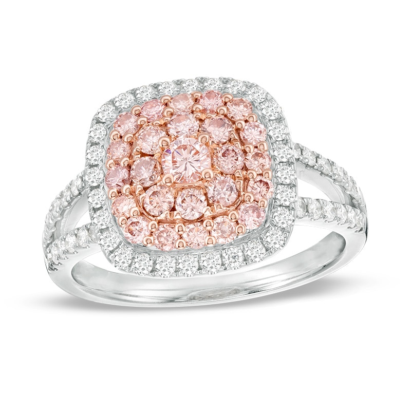 Previously Owned - 1 CT. T.W. Pink and White Diamond Triple Cushion Frame Ring in 14K Two-Tone Gold (Fancy/I2)