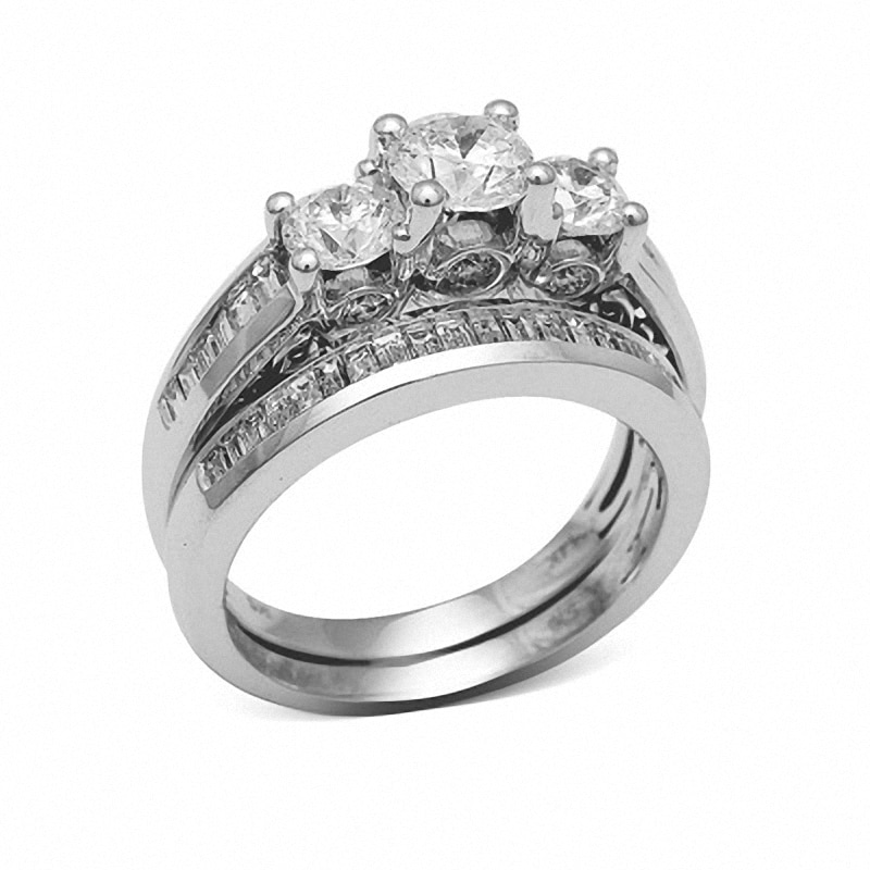 Main Image 2 of Previously Owned - 2 CT. T.W. Diamond Three Stone Bridal Set in 14K White Gold