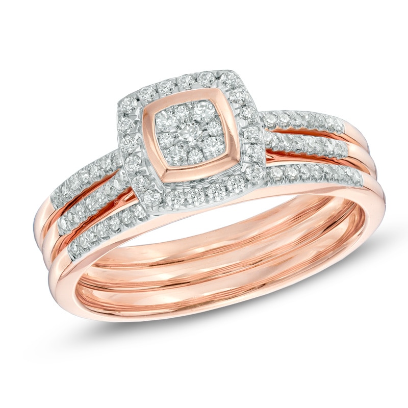 Main Image 1 of Previously Owned - 1/3 CT. T.W. Diamond Square Composite Frame Bridal Set in 10K Rose Gold