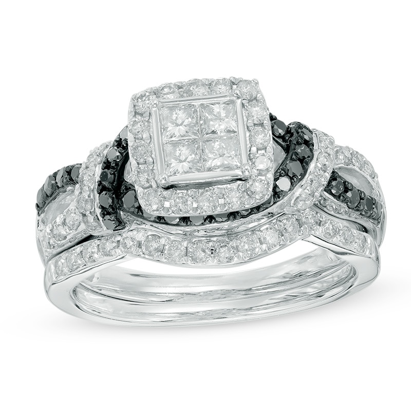 Main Image 1 of Previously Owned - 1 CT. T.W. Black and White Princess-Cut Quad Diamond Frame Woven Bridal Set in 10K White Gold