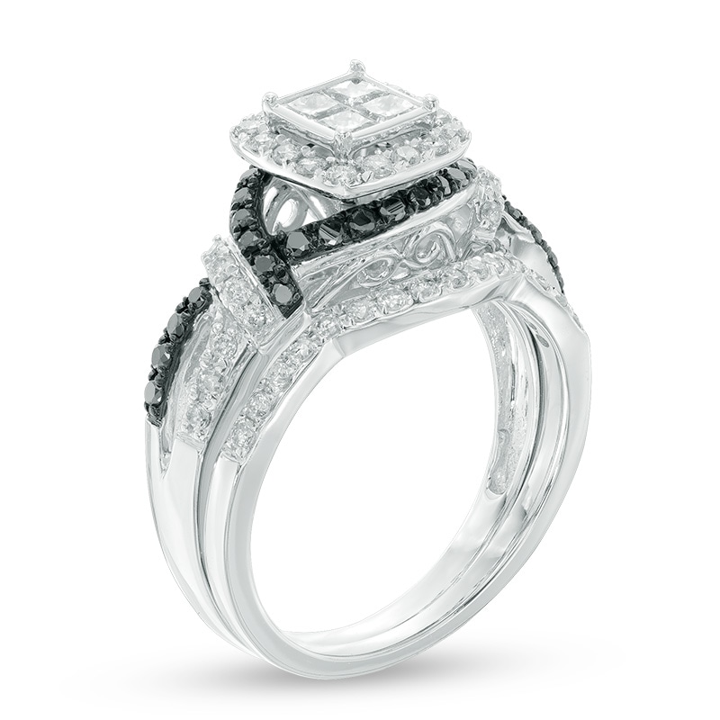 Main Image 2 of Previously Owned - 1 CT. T.W. Black and White Princess-Cut Quad Diamond Frame Woven Bridal Set in 10K White Gold