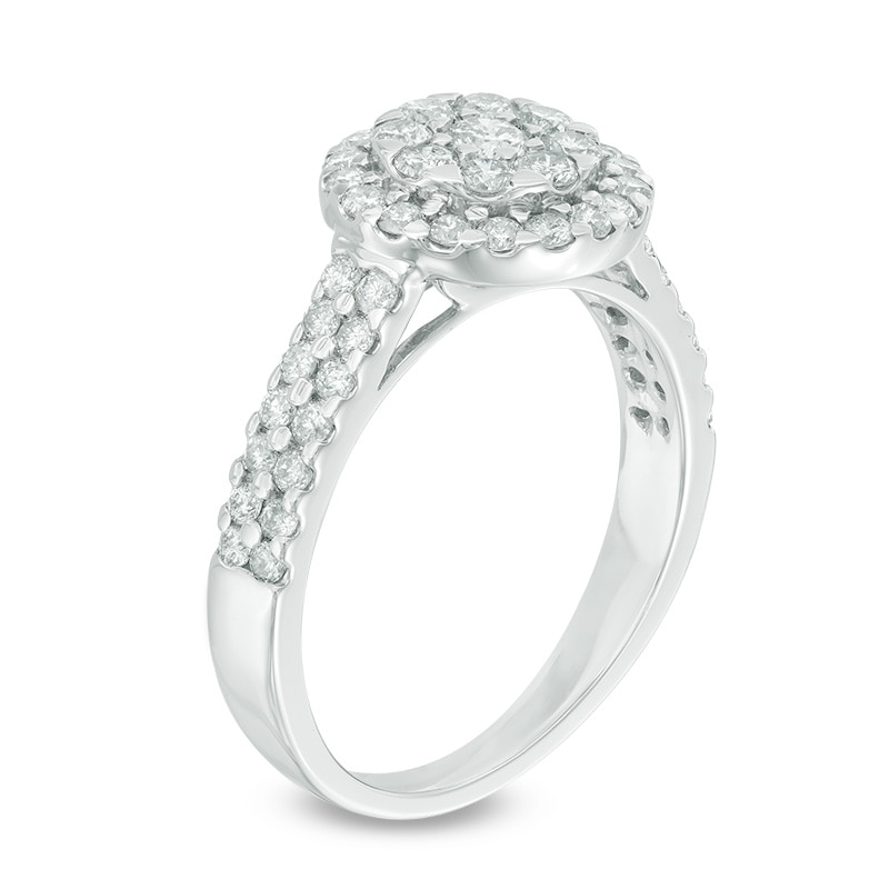Previously Owned - 1 CT. T.W. Composite Diamond Frame Double Row Engagement Ring in 14K White Gold