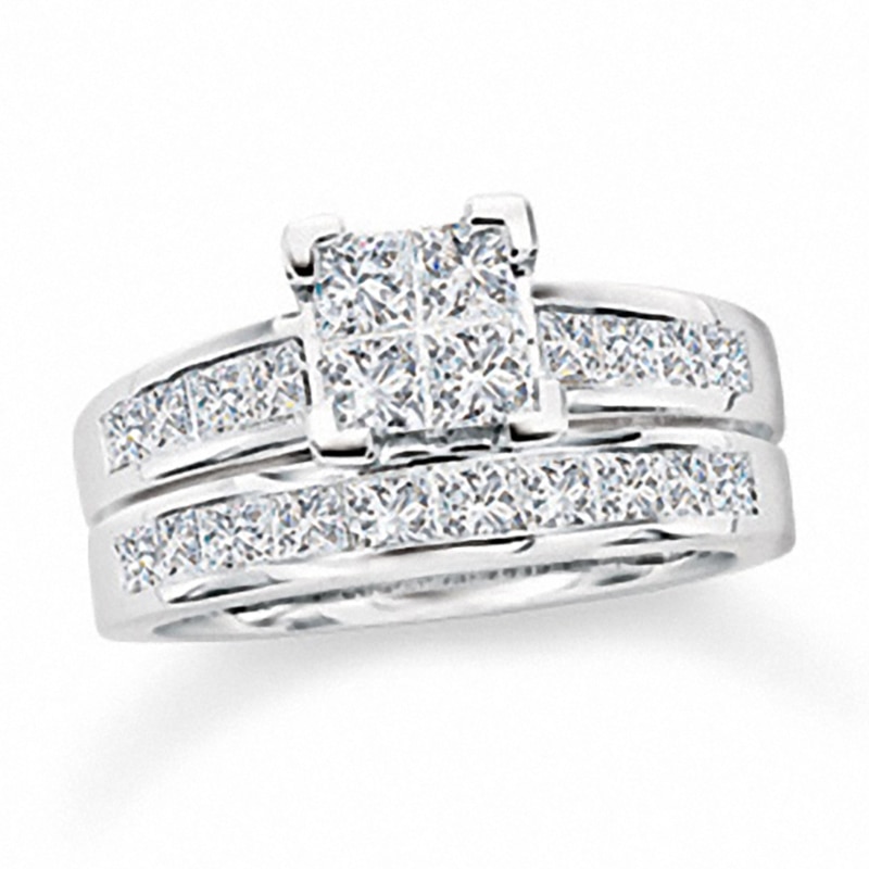 Previously Owned 2 CT. T.W. Quad Princess-Cut Diamond Soldered Bridal Set in 14K White Gold