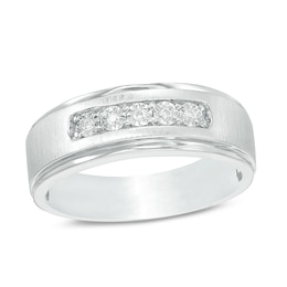 Previously Owned - Men's 1/20 CT. T.W. Diamond Five Stone Satin Wedding Band in 10K White Gold