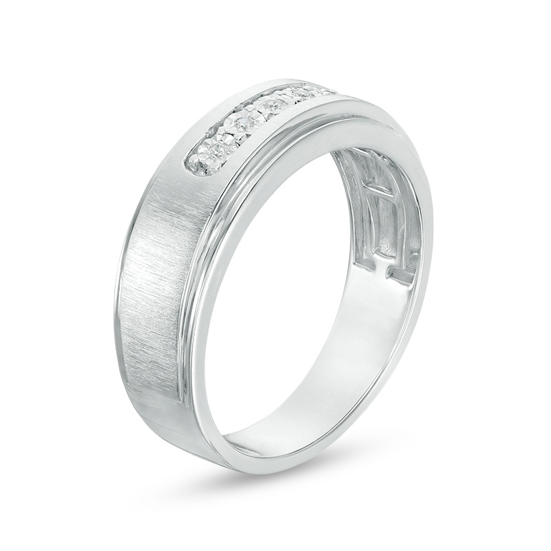 Main Image 2 of Previously Owned - Men's 1/20 CT. T.W. Diamond Five Stone Satin Wedding Band in 10K White Gold