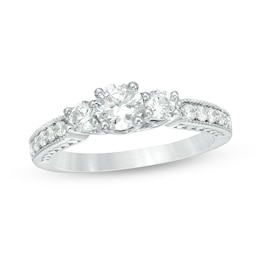 Previously Owned - 3/4 CT. T.W. Diamond Three Stone Vintage-Style Engagement Ring in 10K White Gold