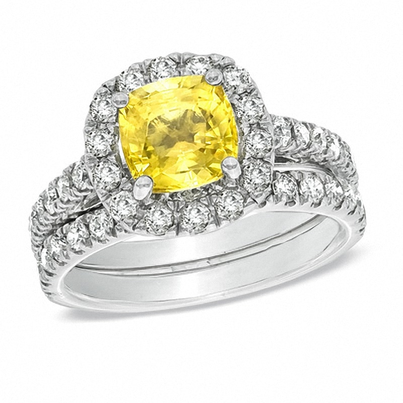 Previously Owned - Cushion-Cut Yellow Sapphire and 1-1/2 CT. T.W. Diamond Bridal Set in 14K White Gold