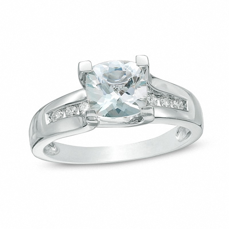 Main Image 1 of Previously Owned - 7.0mm Cushion-Cut Aquamarine and 1/5 CT. T.W. Diamond Ring in 10K White Gold