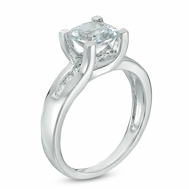 Main Image 2 of Previously Owned - 7.0mm Cushion-Cut Aquamarine and 1/5 CT. T.W. Diamond Ring in 10K White Gold