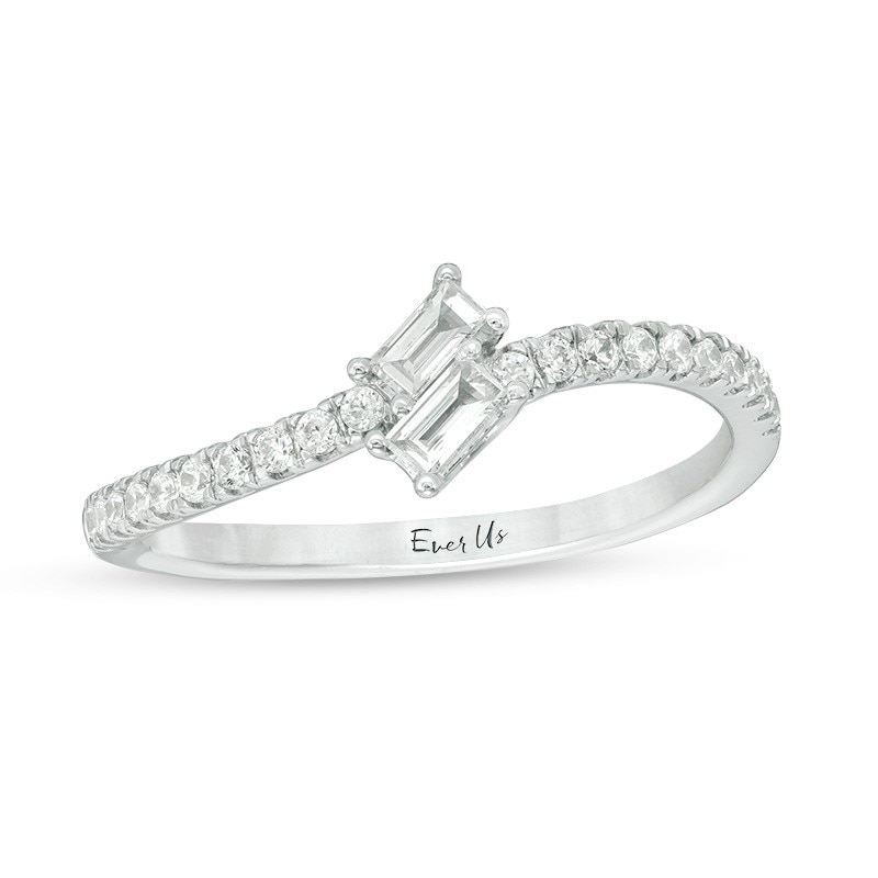 Main Image 1 of Previously Owned - Ever Us® 1/4 CT. T.W. Two-Stone Baguette Diamond Slant Bypass Ring in 10K White Gold