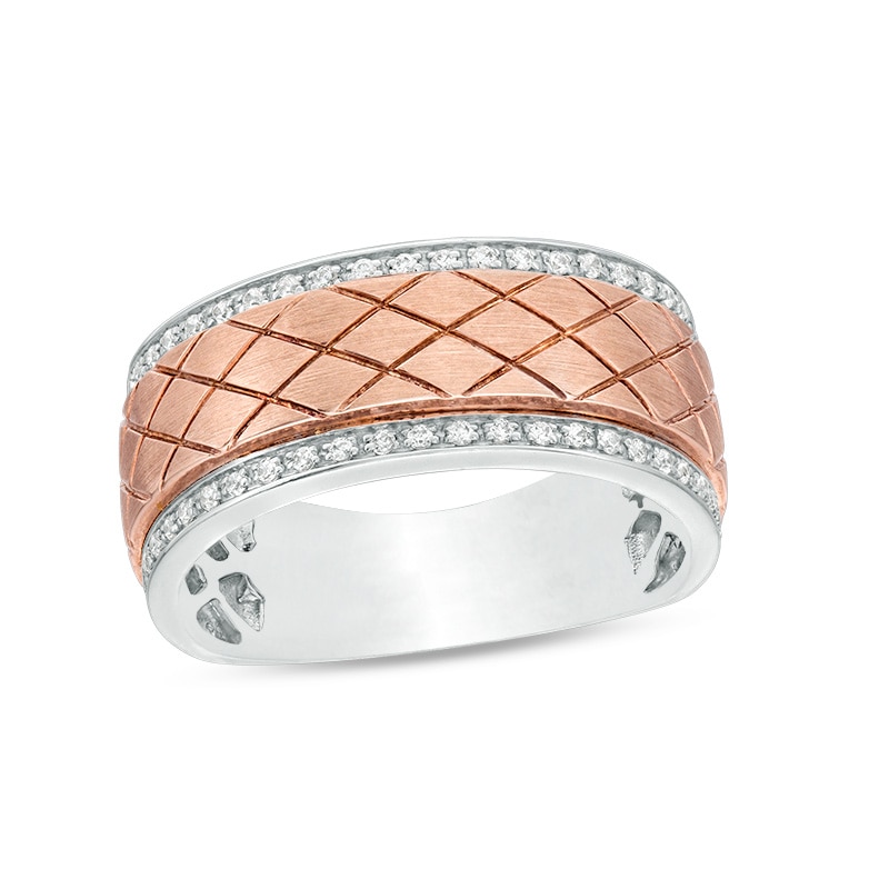 Main Image 1 of Previously Owned - Men's 1/4 CT. T.W. Diamond Diagonal Grid Pattern Wedding Band in 10K Two-Tone Gold