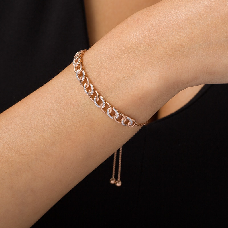 Main Image 2 of Previously Owned - 1/4 CT. T.W. Diamond Interlocking Curb Link Bolo Bracelet in 10K Rose Gold - 9.5&quot;