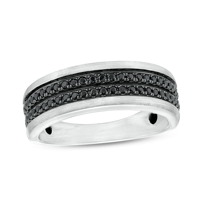 Main Image 1 of Previously Owned - Men's 1/3 CT. T.W. Black Diamond Double Row Wedding Band in 10K White Gold