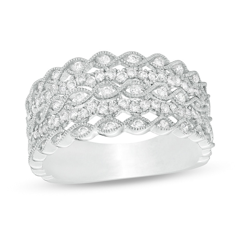 Main Image 1 of Previously Owned - 3/8 CT. T.W. Diamond Twist Multi-Row Vintage-Style Anniversary Ring in 10K White Gold