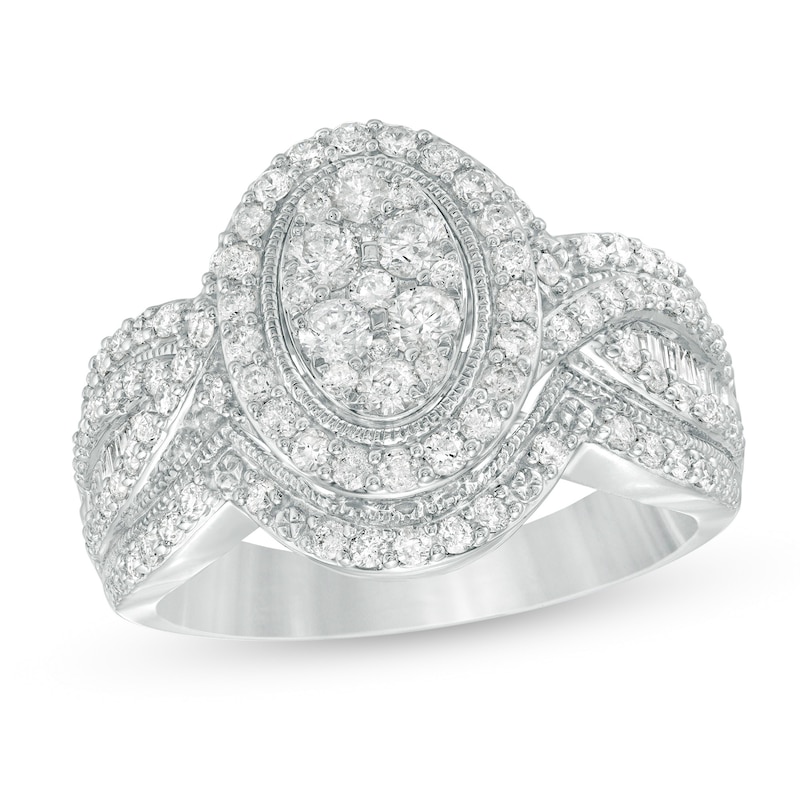 Previously Owned - 1 CT. T.W. Composite Diamond Double Oval Frame Vintage-Style Engagement Ring in 10K White Gold