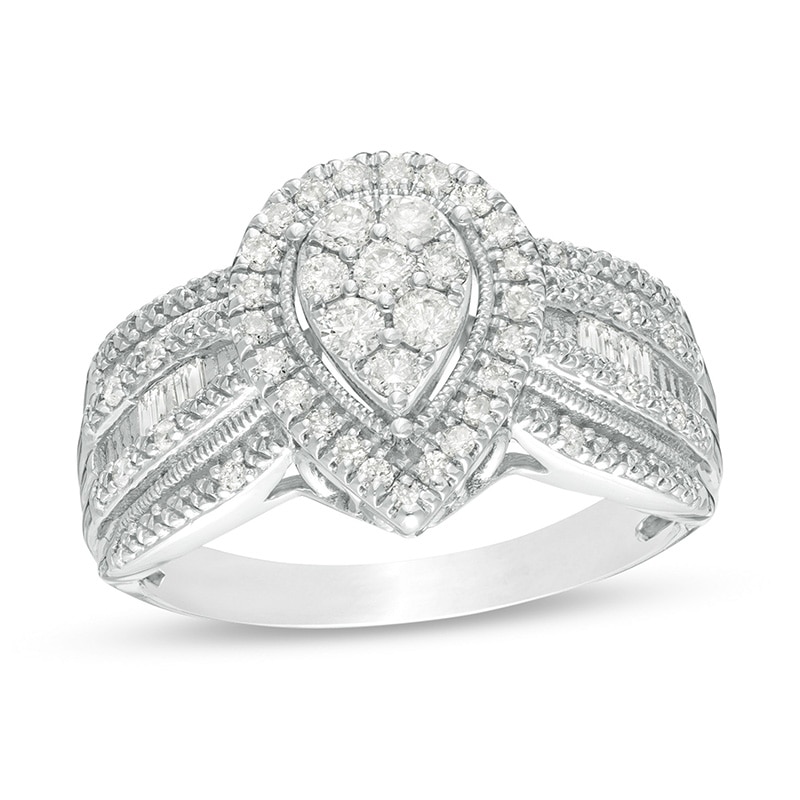 2 Ct. T.W. Composite Pear-Shaped Diamond Double Frame Vintage-Style Engagement Ring in 10K White Gold