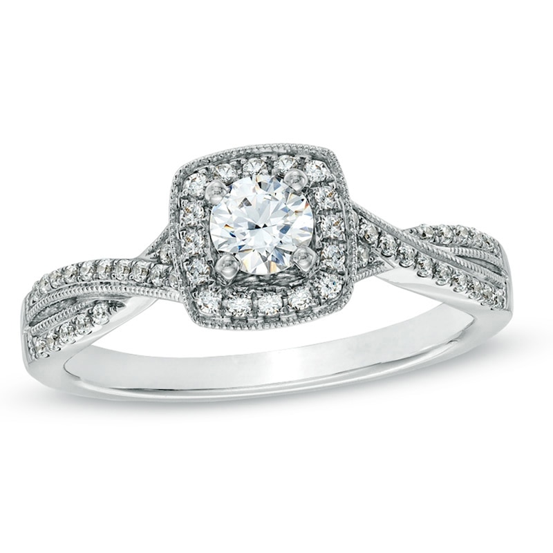 Main Image 1 of Previously Owned - Celebration Fire™ 1/2 CT. T.W. Diamond Vintage-Style Twist Engagement Ring in 14K White Gold