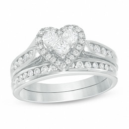 Previously Owned 3/4 CT. T.W. Diamond Heart Soldered Bridal Set in 14K White Gold