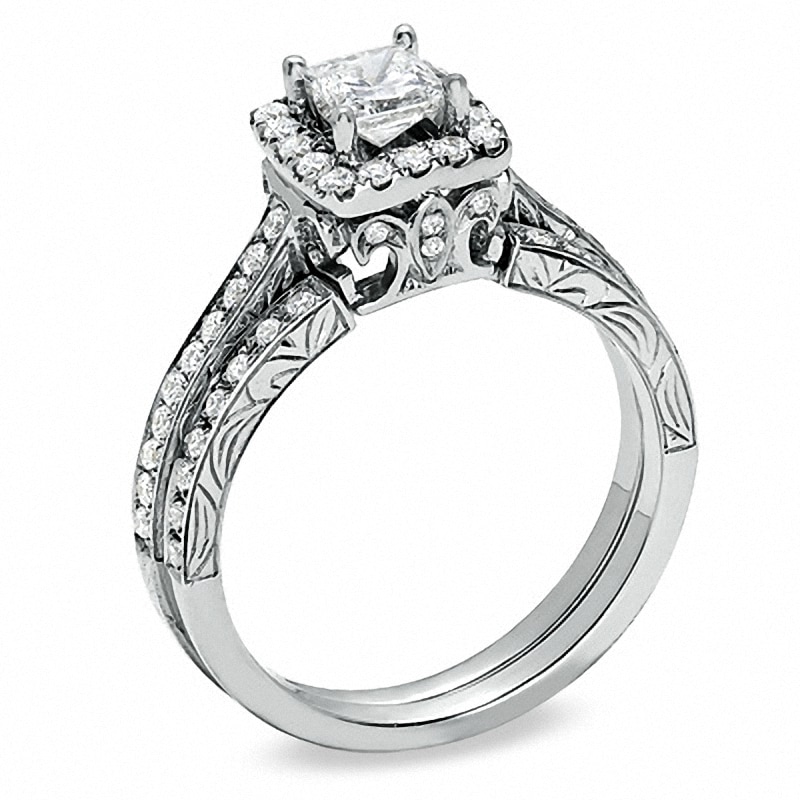 Previously Owned - Celebration Lux® 1 CT. T.W. Princess-Cut Diamond Framed Bridal Set in 18K White Gold (H-I/SI1-SI2)