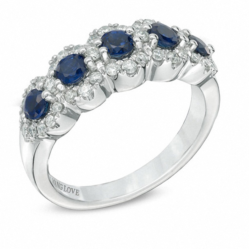 Previously Owned - Vera Wang Love Collection Blue Sapphire and 3/8 CT. T.W. Diamond Ring in 14K White Gold