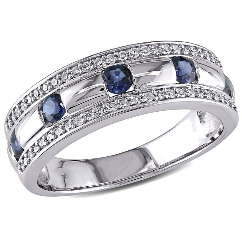 Previously Owned - Men's Blue Sapphire and 1/4 CT. T.W. Diamond Triple Row Wedding Band in 10K White Gold