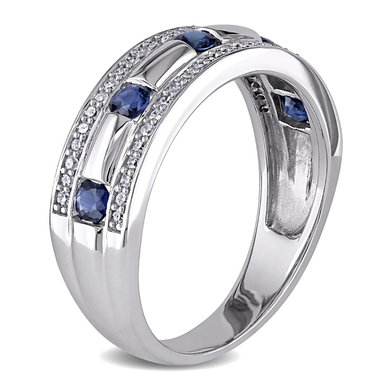 Previously Owned - Men's Blue Sapphire and 1/4 CT. T.W. Diamond Triple Row Wedding Band in 10K White Gold