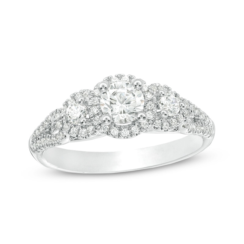 Main Image 1 of Previously Owned - 7/8 CT. T.W. Diamond Past Present Future® Frame Engagement Ring in 14K White Gold