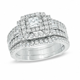 Previously Owned - 1-1/2 CT. T.W. Princess-Cut Diamond Double Frame Bridal Set in 14K White Gold