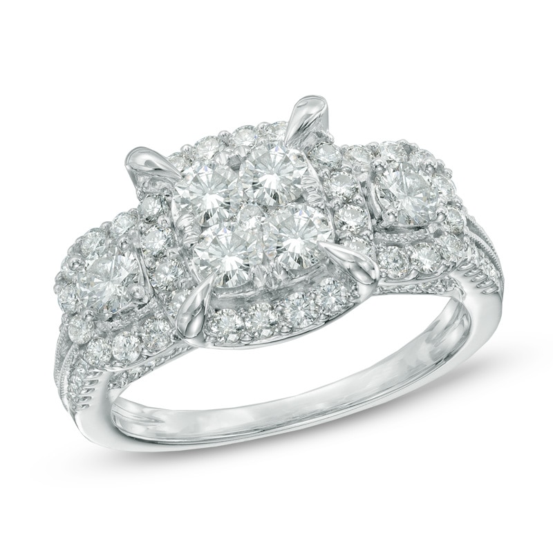 Main Image 1 of Previously Owned - 1-1/2 CT. T.W. Quad Diamond Frame Three Stone Engagement Ring in 14K White Gold