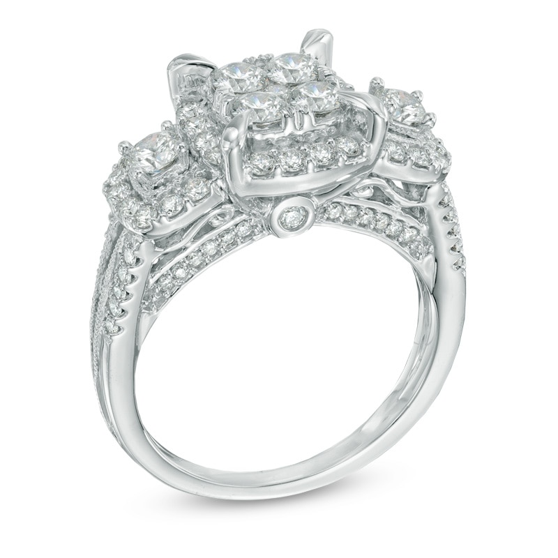 Main Image 2 of Previously Owned - 1-1/2 CT. T.W. Quad Diamond Frame Three Stone Engagement Ring in 14K White Gold