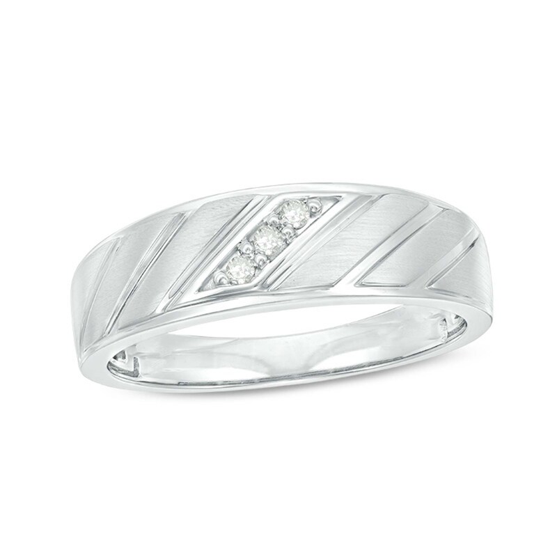 Main Image 1 of Previously Owned - Men's 1/20 CT. T.W. Diamond Three Stone Slant Groove Wedding Band in 10K White Gold