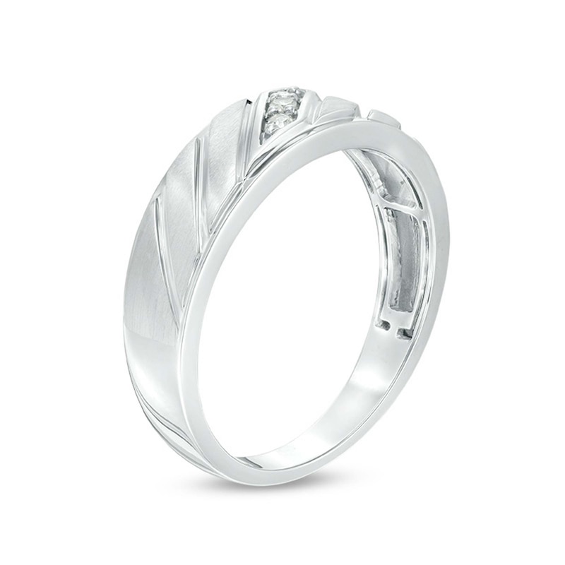 Main Image 2 of Previously Owned - Men's 1/20 CT. T.W. Diamond Three Stone Slant Groove Wedding Band in 10K White Gold