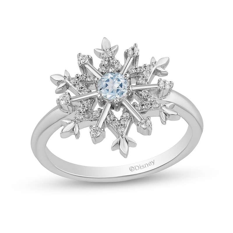 Previously Owned - Enchanted Disney Elsa Aquamarine and 1/8 CT. T.W. Diamond Snowflake Ring in Sterling Silver