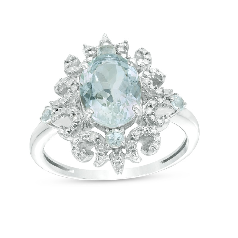 Previously Owned - Oval Aquamarine and Diamond Accent Sunburst Frame Ring in 10K White Gold