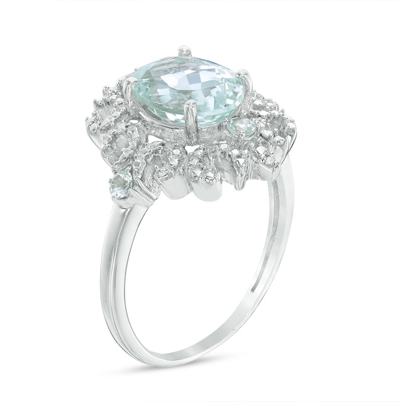 Previously Owned - Oval Aquamarine and Diamond Accent Sunburst Frame Ring in 10K White Gold