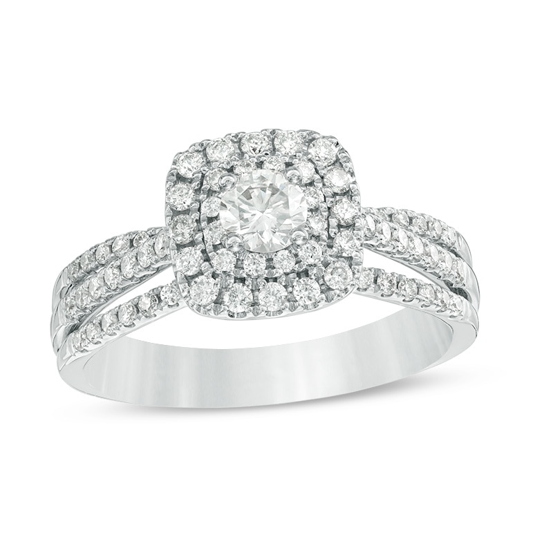 Main Image 1 of Previously Owned - 3/4 CT. T.W. Diamond Double Cushion Frame Multi-Row Split Shank Engagement Ring in 14K White Gold