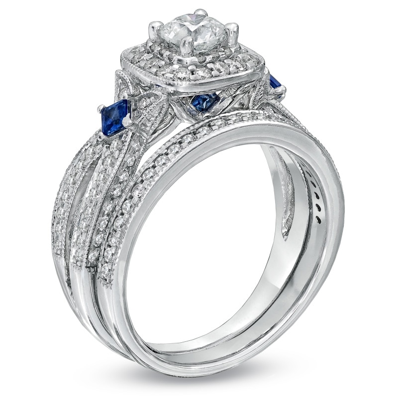 Previously Owned - Vera Wang Love Collection 1-1/5 CT. T.W. Diamond and Sapphire Frame Bridal Set in 14K White Gold