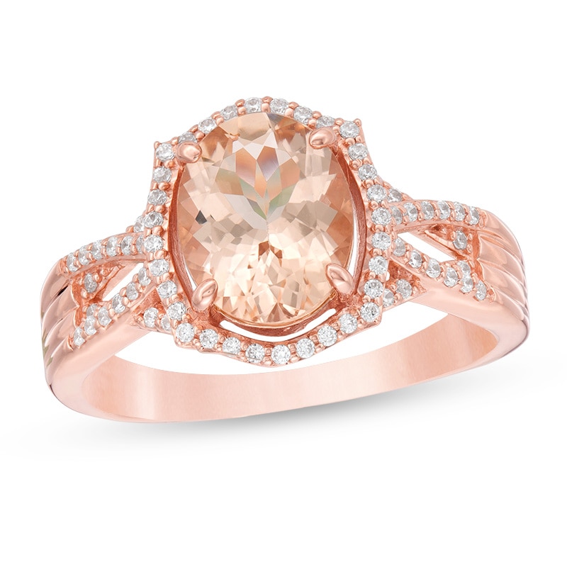 Previously Owned - Oval Morganite and 1/4 CT. T.W. Diamond Ornate Frame Multi-Row Crossover Ring in 10K Rose Gold