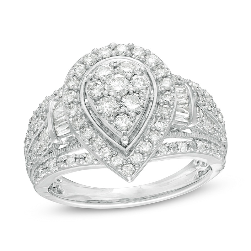 Previously Owned - 1 CT. T.W. Composite Diamond Pear Frame Multi-Row Engagement Ring in 10K White Gold