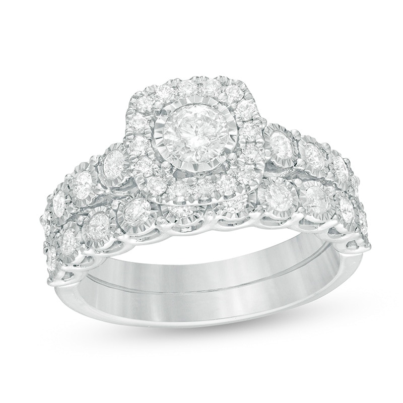 Main Image 1 of Previously Owned - 1 CT. T.W. Diamond Cushion Frame Bridal Set in 10K White Gold